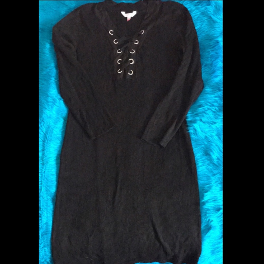 Black Long Sleeve Midi dress with drawstring Neckline.